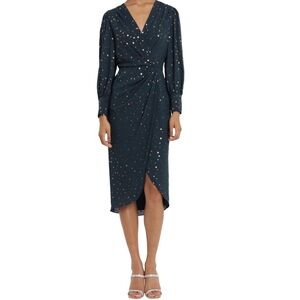 Maggy London Dark Teal Metallic Dot Wrap Midi Dress Size 10